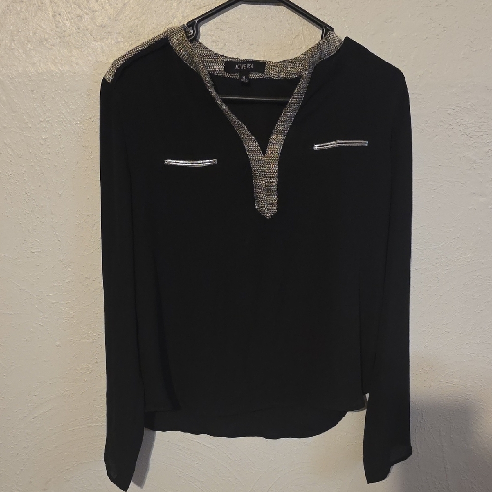 Active USA Black Blouse with Silver Accents
